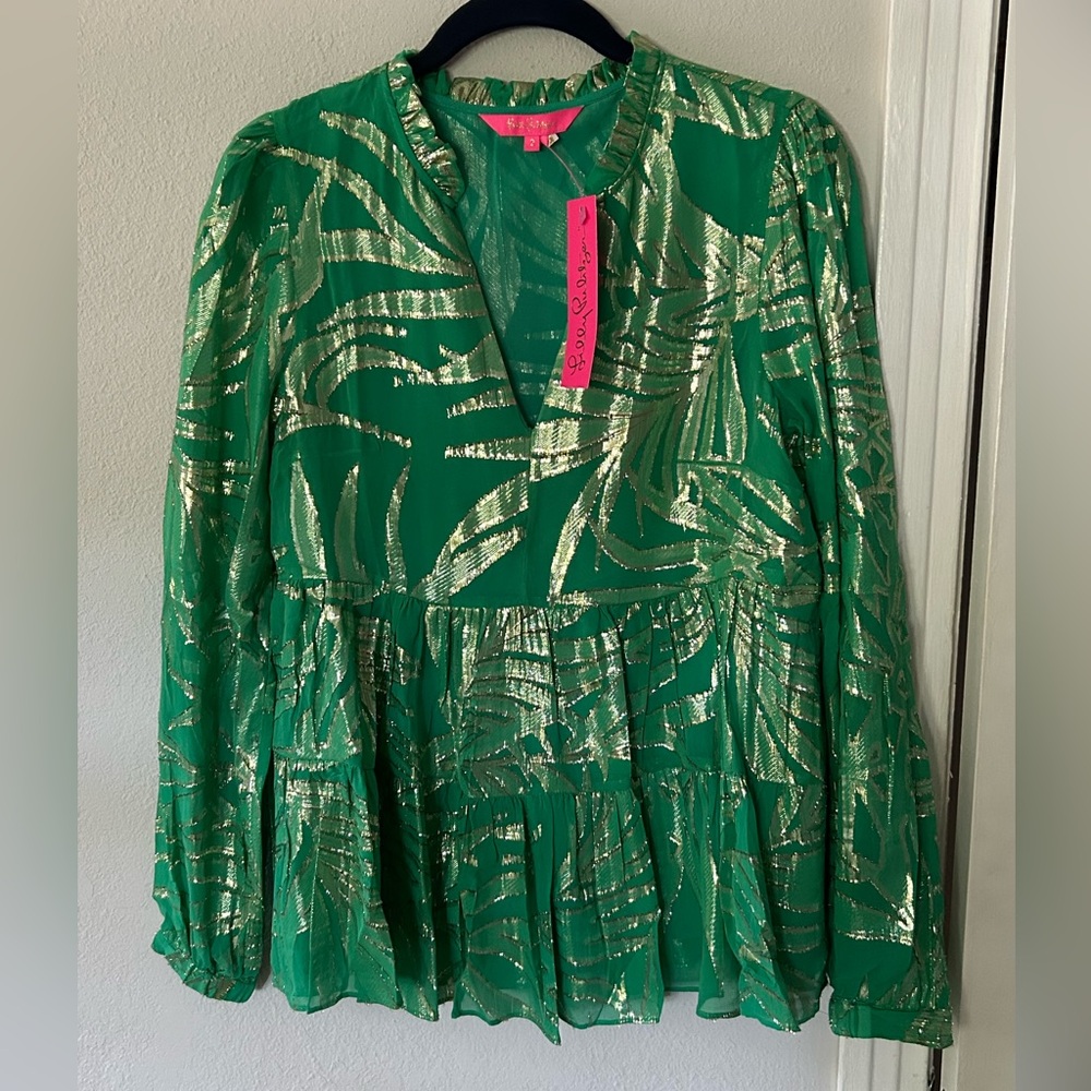 NWT Lilly Pulitzer Sarita Silk Top Botanical Green Palm Leaf Clip size 2